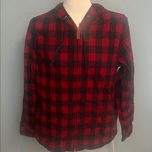 LLBean Scotch red/black paid  Shirt relaxed zip women’s sz L 100 cotton 502092